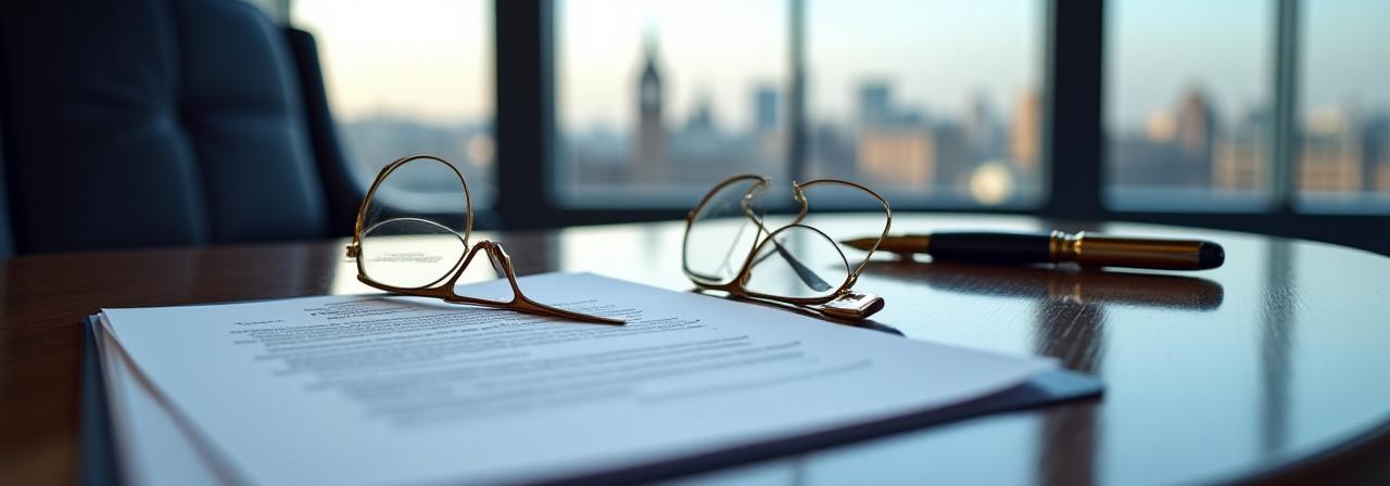 Legal documents and a fountain pen on a mahogany desk in London