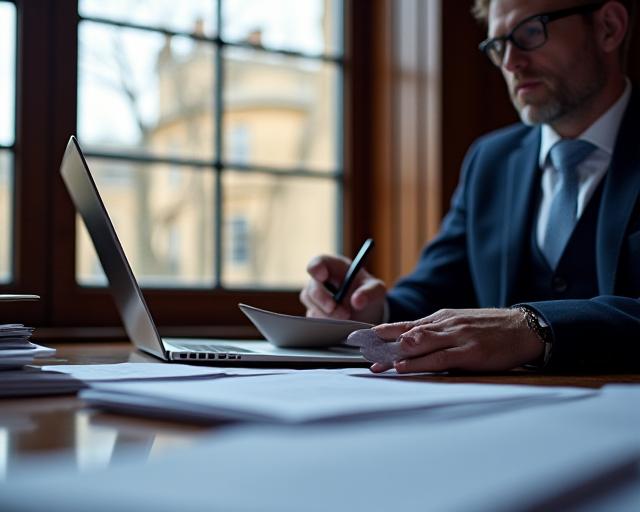 A meticulous legal professional reviewing a contract in a London office